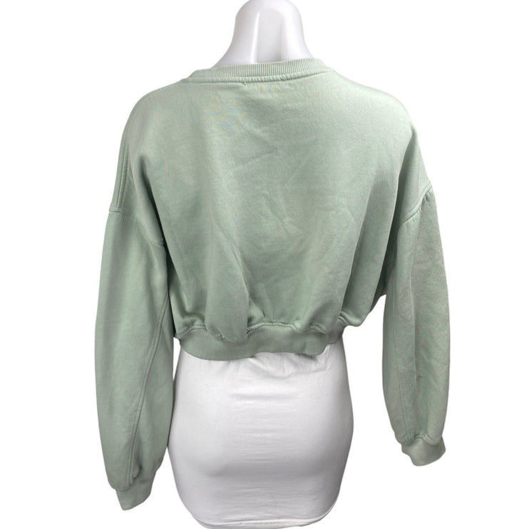Zara Women's Green Fleece Long Sleeve Crew Neck Cropped Sweatshirt Top Size L