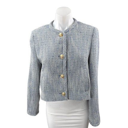 Zara Women's Blue Herringbone Gold Button Long Sleeve Cropped Blazer Jacket S