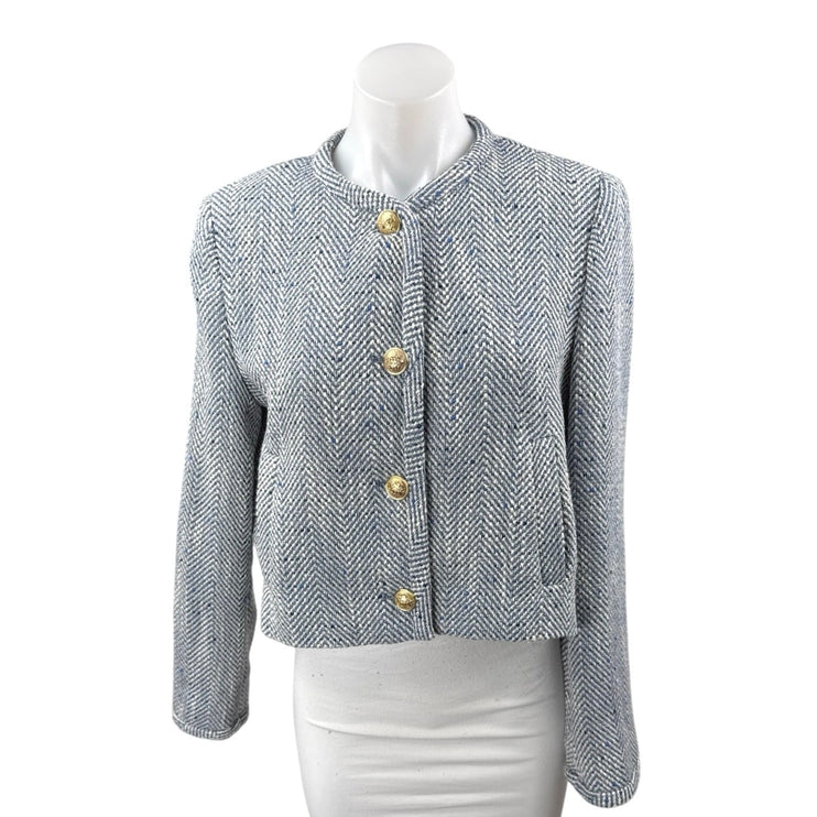 Zara Women's Blue Herringbone Gold Button Long Sleeve Cropped Blazer Jacket S