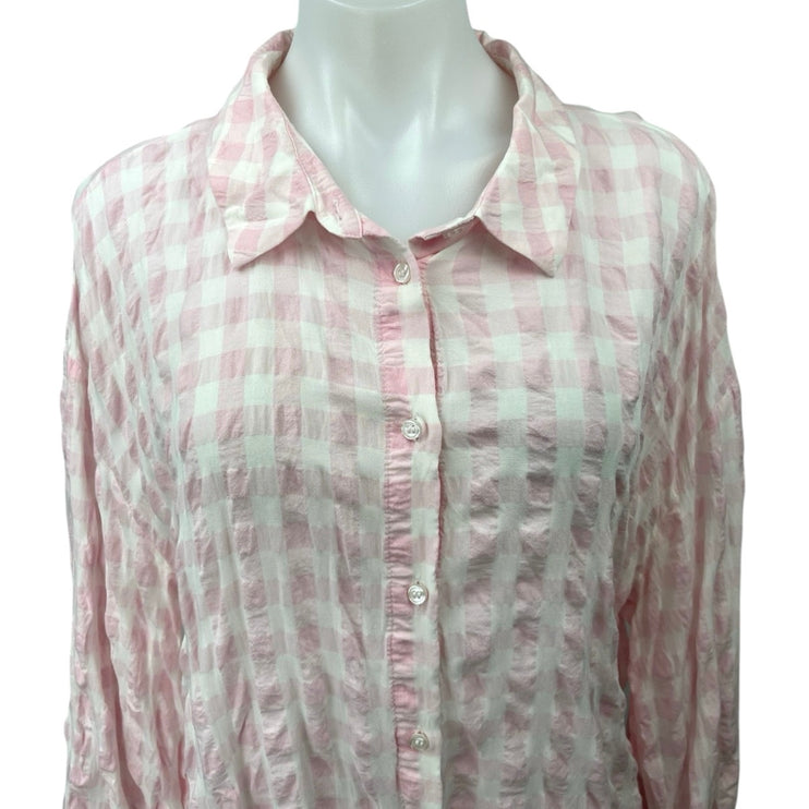 Zara Pink White Checkered Plaid Button Down Long Sleeve Shirt Blouse Top Size M