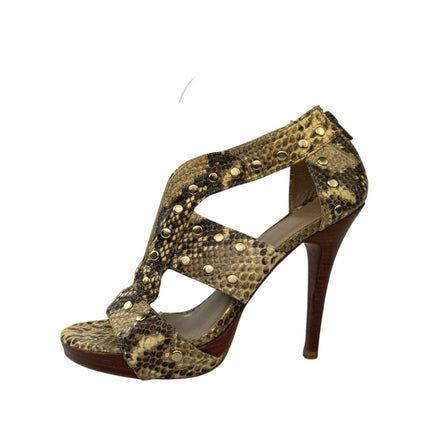 Stuart Weitzman Beige Gold Studded Snakeskin Leather High Heels Sandals Shoes 8