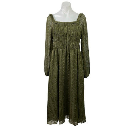 Skies Are Blue Green Mesh Long Sleeve Smocked Midi Maxi A-Line Flared Dress Sz M