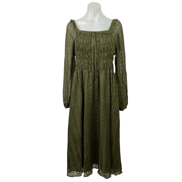 Skies Are Blue Green Mesh Long Sleeve Smocked Midi Maxi A-Line Flared Dress Sz M