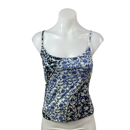 MNG Mango Womens Floral Blue Sleeveless Patchwork Cami Camisole Tank Top Size S