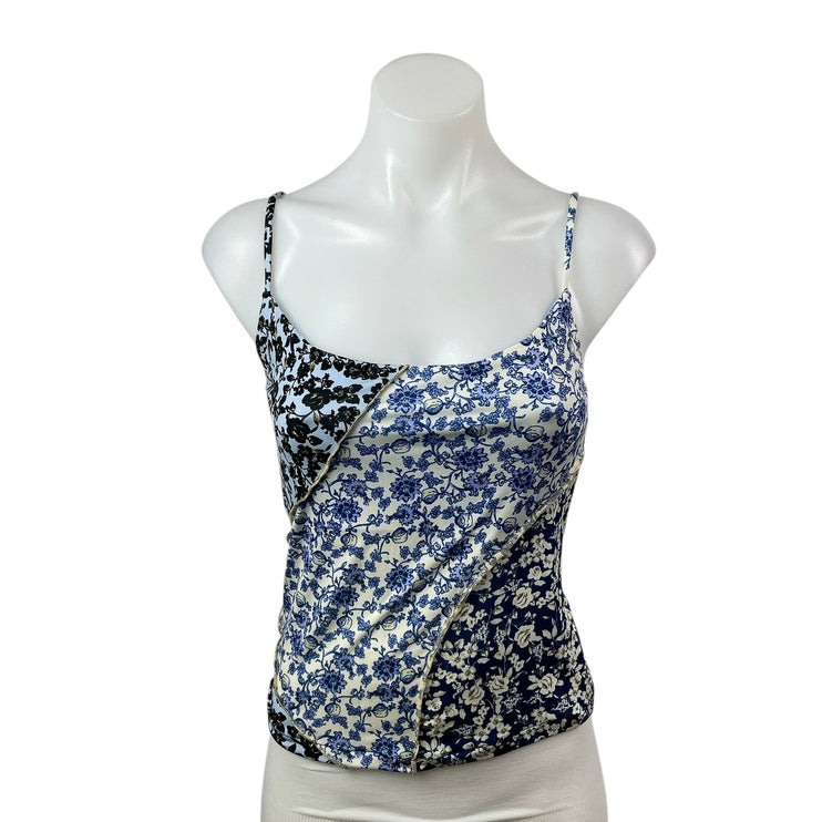 MNG Mango Womens Floral Blue Sleeveless Patchwork Cami Camisole Tank Top Size S