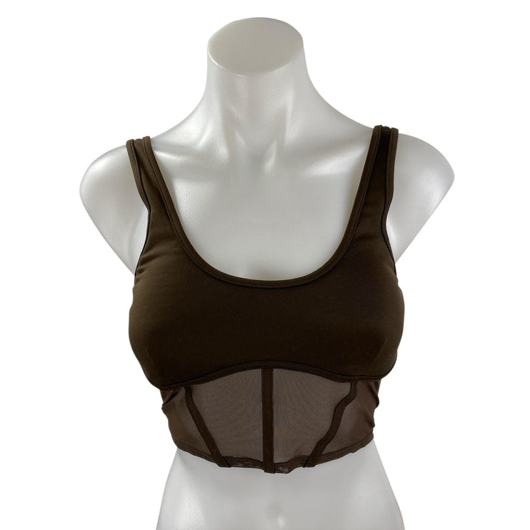 Alo Yoga Olive Green Sleeveless Scoop Neck Mesh Corset Athletic Crop Top Sz S