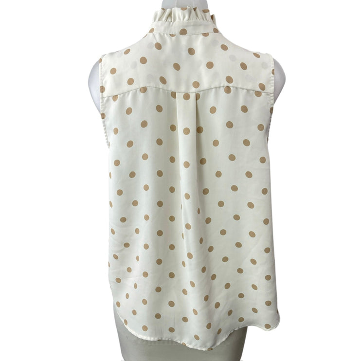 Ann Taylor White Polka Dot Pleated Ruffle Mock Neck Sleeveless Tank Blouse Top S