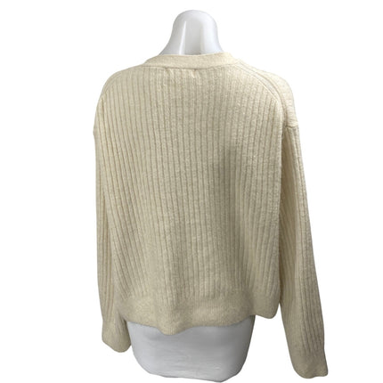 H&M Women's Cream White Wool Rib Knit Button Long Sleeve Cardigan Sweater Sz XL
