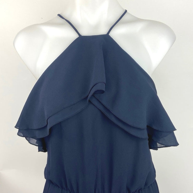 H&M Navy Blue Chiffon Sleeveless Halter Tiered Frilly Party Wedding Maxi Dress 8
