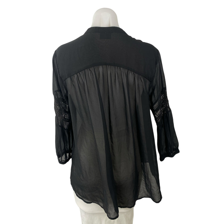 Vila Women's Black Lace Eyelet Long Sleeve Mesh Button Down Blouse Top Size M