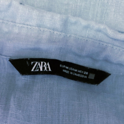 Zara Women's Blue 100% Linen Pocket Long Sleeve Button Down Shirt Top Size M