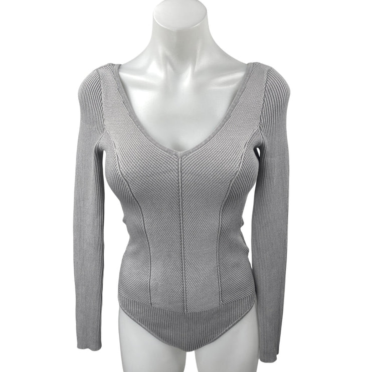 Abercrombie & Fitch Gray Rib Knit V-Neck Long Sleeve Sweater Bodysuit Top Sz XS
