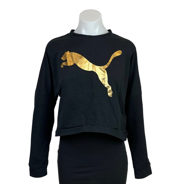 Puma Women's Black Gold Metallic Logo Print Crew Neck Cozy Cropped Sweatshirt S