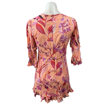 Banjanan Masie Apricot Floral Ruffle 3/4 Puff Sleeve V Neck Mini A-Line Dress M