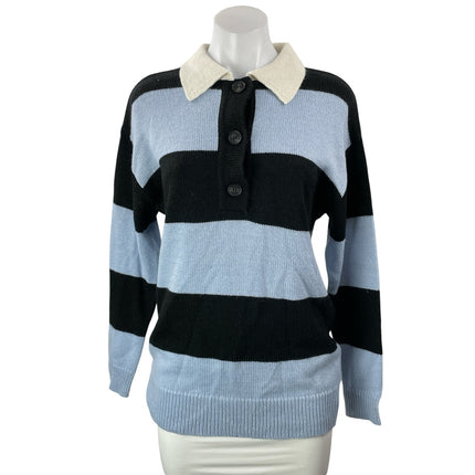 Moon River Women's Blue Black Stripe Colorblock Knit Polo Sweater Top Size XS