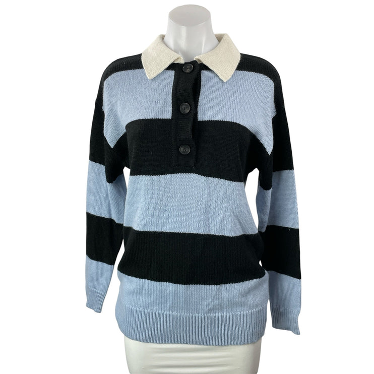 Moon River Women's Blue Black Stripe Colorblock Knit Polo Sweater Top Size XS