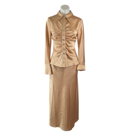 C/MEO Collective Sincerity Satin Button Down Shirt Midi Straight Skirt Set S/M