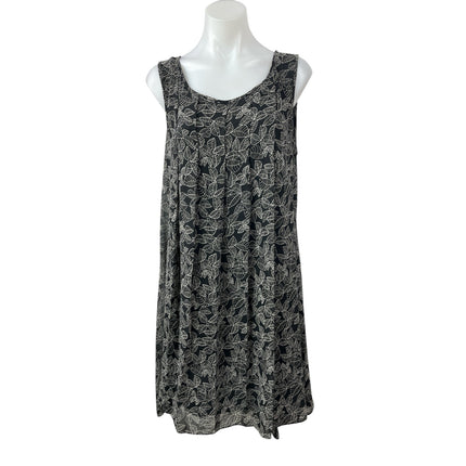 Max Studio Black Leaf Print Pleated Sleeveless Midi A-Line Tank Dress Size L