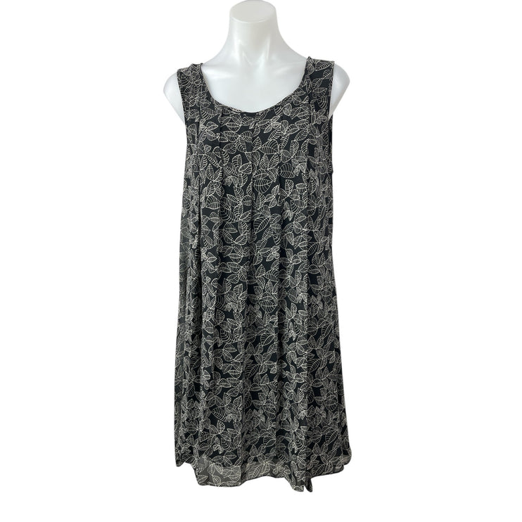 Max Studio Black Leaf Print Pleated Sleeveless Midi A-Line Tank Dress Size L