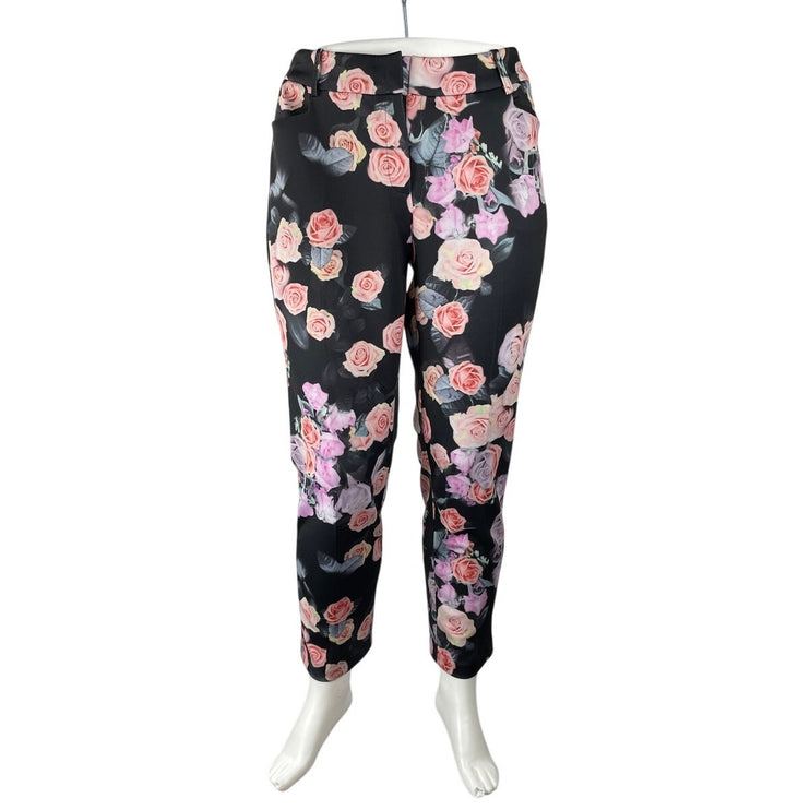 Eloquii Women Black Floral Rose High Rise Straight Casual Trousers Pants Size 18