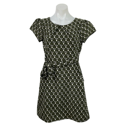 Gold Kid Green Corduroy Mushroom Belted Puff Short Sleeve Mini A-Line Dress S/M