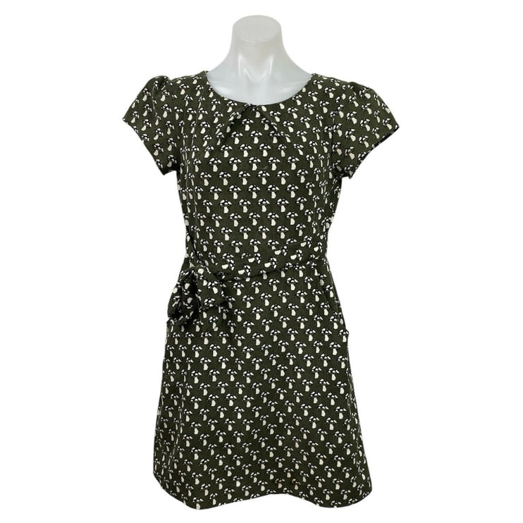 Gold Kid Green Corduroy Mushroom Belted Puff Short Sleeve Mini A-Line Dress S/M
