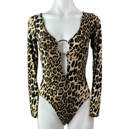 Day & Night Beige Black Leopard Long Sleeve Ring Plunge Bodysuit Top Size S