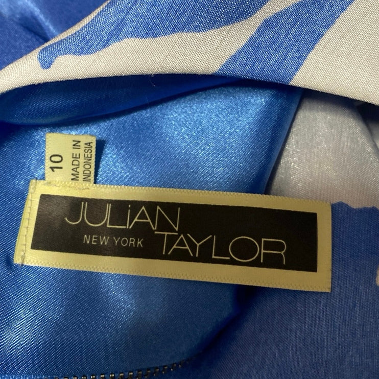 Julian Taylor White Blue Satin Floral Sleeveless Belt Mini Fit & Flare Dress 10