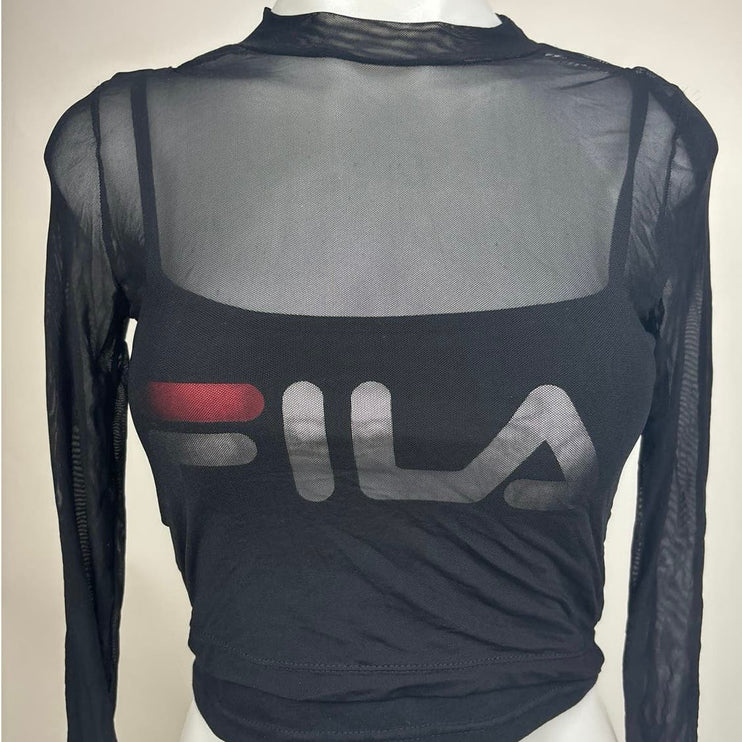 Fila Women’s Black Mesh Sheer Long Sleeve Crew Neck Layer Logo Cropped Top Sz XS