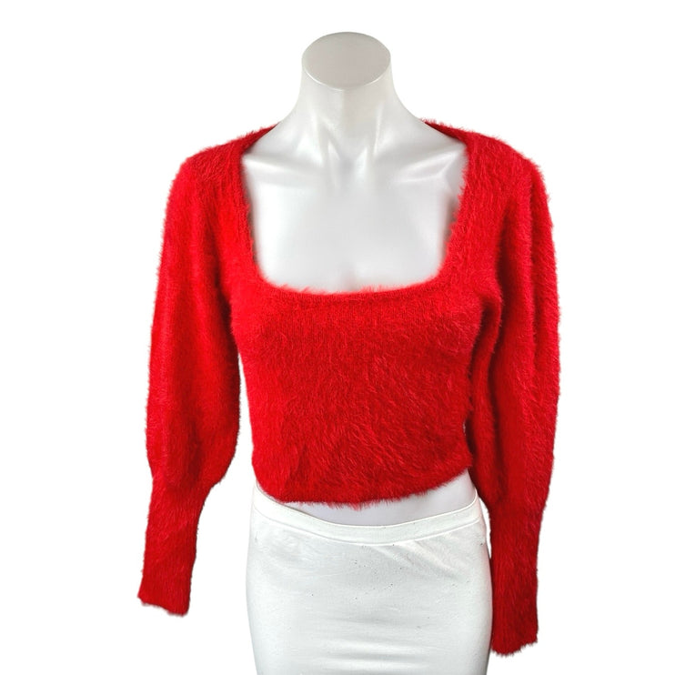 Zara Women's Red Fuzzy Faux Fur Square Neck Long Puff Sleeve Crop Sweater Top S