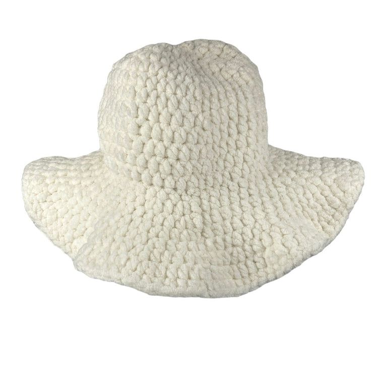 Women's White Knit Crochet Fluffy Handmade Minimalist Bucket Hat One Size