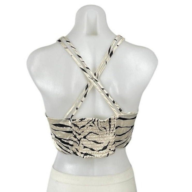 Zara Beige Tiger Animal Print High Neck Sleeveless Cross Back Crop Top Size S