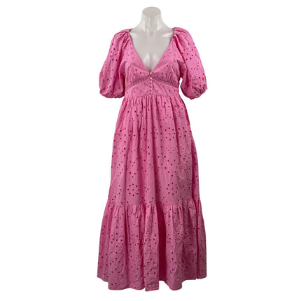 Zara Pink Embroidered Eyelet Floral Balloon Sleeve Tiered A Line Maxi Dress XS