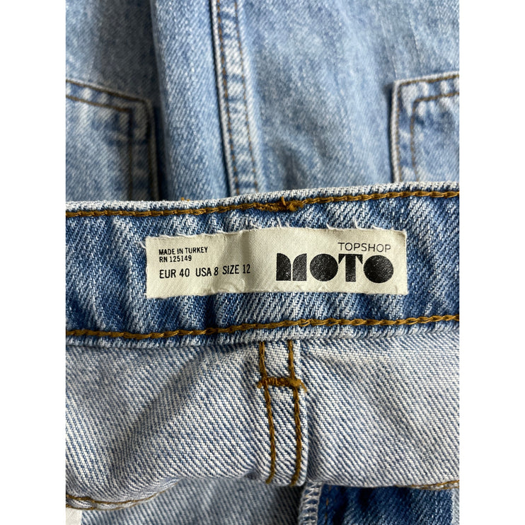 Topshop Moto Women Blue Medium Wash High Waist Raw Hem Pencil Denim Jean Skirt 8