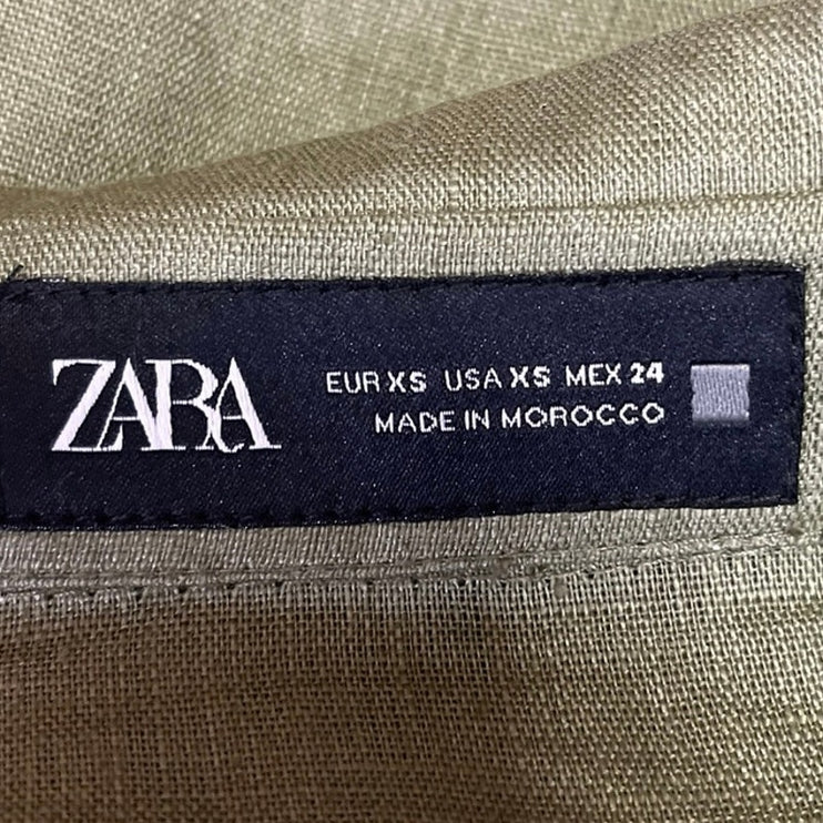 Zara 100% Linen Green Cropped Collared Wide Short Sleeves Button Up Shirt Top XS