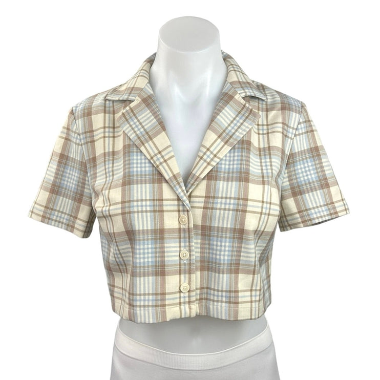 Aritzia Sunday Best Multicolor Short Sleeve Plaid Cropped Button Up Shirt Sz XS