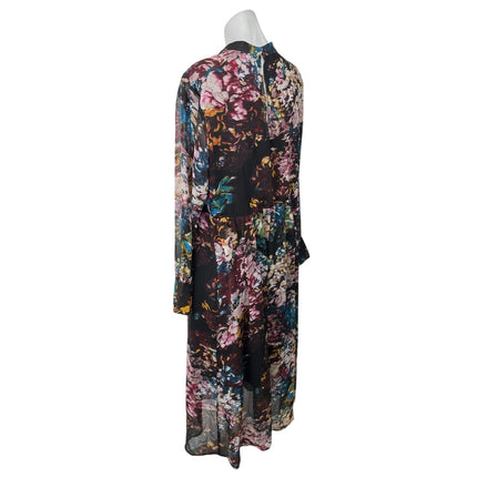 WhoWhatWear Black Multicolor Floral Mock Keyhole Neck Long Sleeve Midi Dress 14W