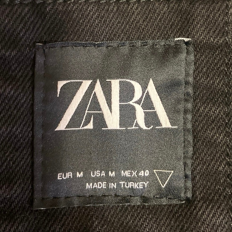 Zara Black Denim Graffiti Button Front Long Sleeve Ripped Distressed Jacket Sz M