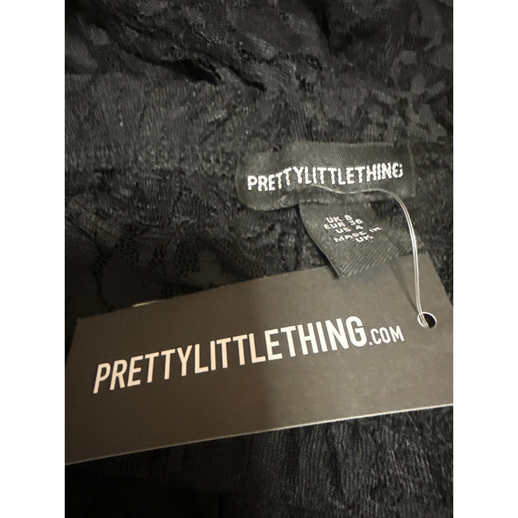 NEW PrettyLittleThing Black Floral Lace Sheer Wide Leg Trousers Pants Size 4
