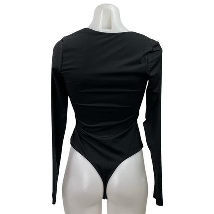 Qinsen Black Long Sleeve Square Neck Stretch Thong T Shirt Bodysuit Top Size S/M