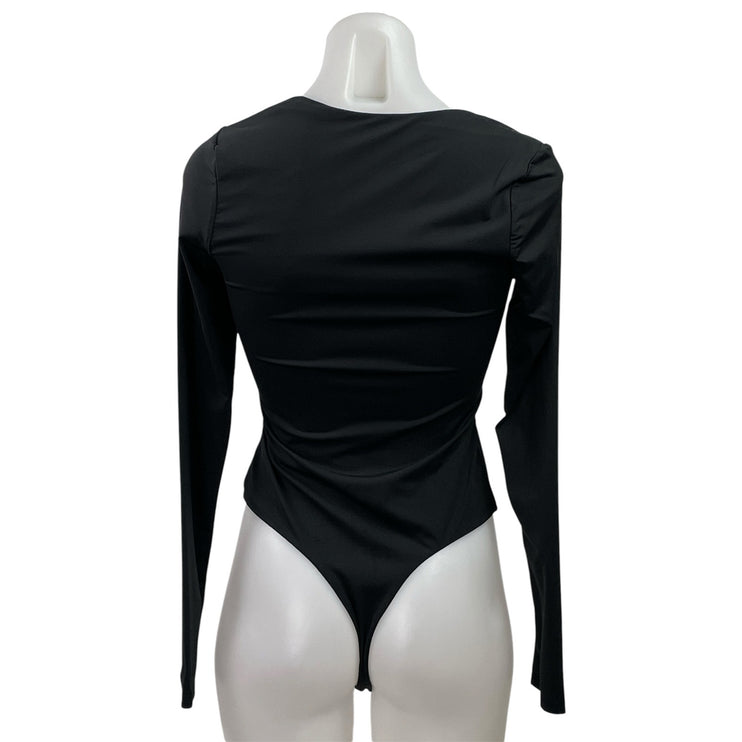 Qinsen Black Long Sleeve Square Neck Stretch Thong T Shirt Bodysuit Top Size S/M