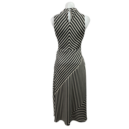 MNG Mango Black Striped Sleeveless High Cowl Neck Fit & Flare Midi Dress Size 2