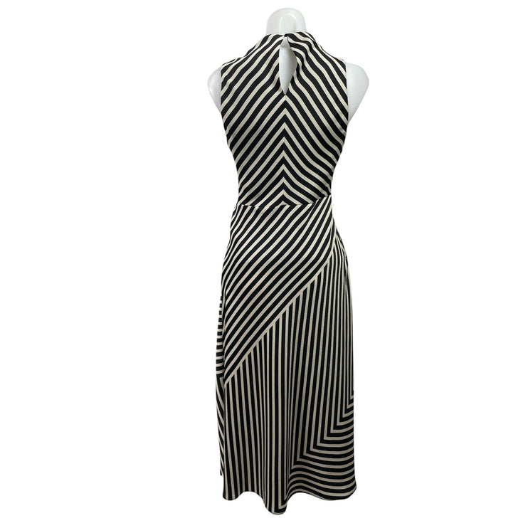 MNG Mango Black Striped Sleeveless High Cowl Neck Fit & Flare Midi Dress Size 2