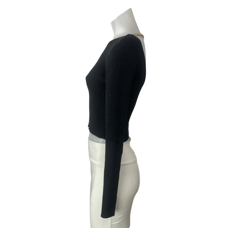 ASTR The Label Black Long Sleeves Ribbed Knit Open Back Chain Crop Sweater Top S