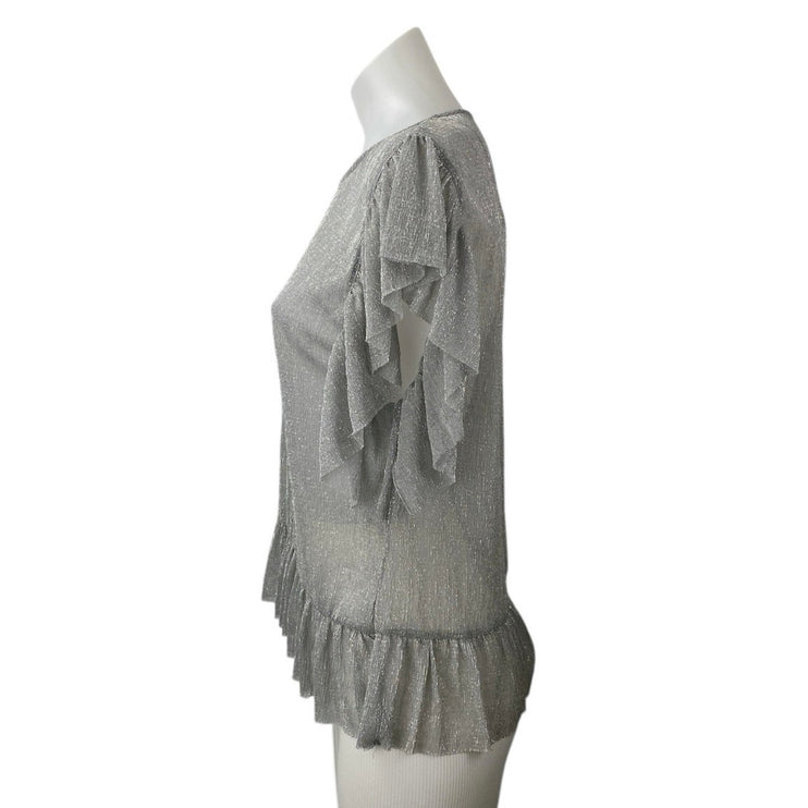 Zara Women's Gray Silver Metallic Sparkle Ruffle Flutter Sleeve Blouse Top Sz M