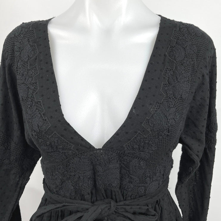 Free People NWT Black Plunge V Neck Open Back Tassel Tie Belted Mini Dress Sz Xs