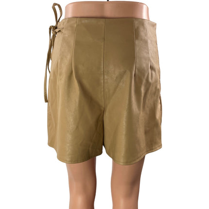 Zara Women's Tan Faux Leather Vegan High Waisted Tie Mini Short Skort Skirt M