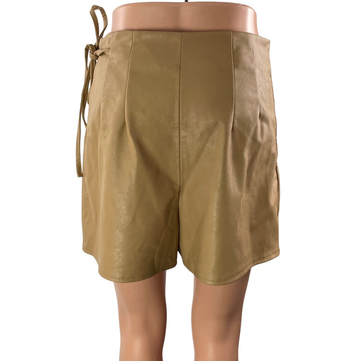 Zara Women's Tan Faux Leather Vegan High Waisted Tie Mini Short Skort Skirt M