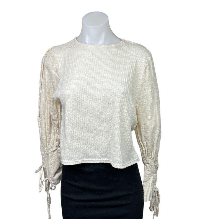 Zara Womens White Cream Ribbed Tie Balloon Sleeve Crop Pullover Sweater Size S