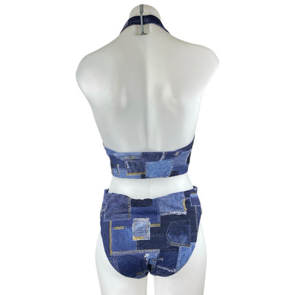 WeWoreWhat Women's Blue Patchworks Halter Two Piece Bikini Swimsuit Swimwear M